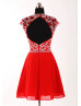Red Chiffon Beads Keyhole Back Short Prom Dress 